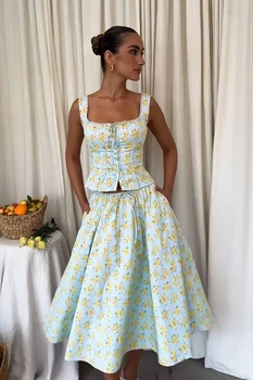 サンハートレディースフローラルプリント2ピースドレスセット、エレガントで美しく、カジュアル、パーティー、休暇、夏、2024