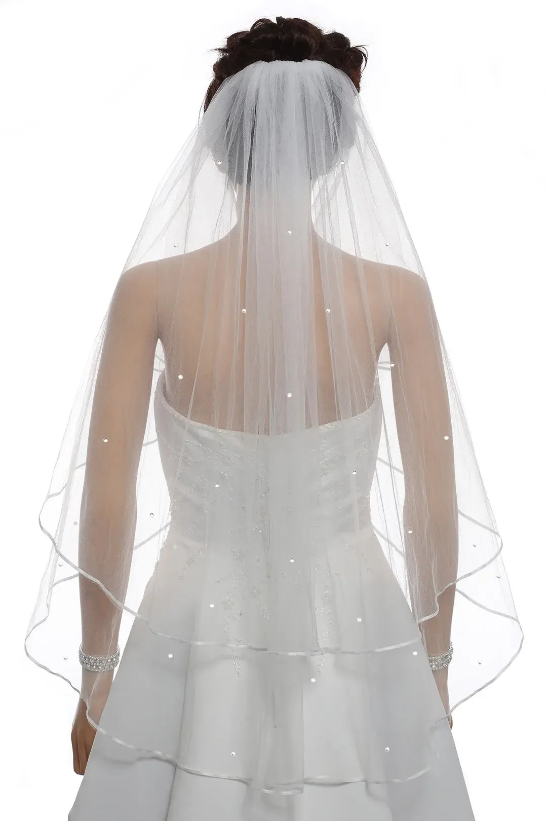 2T 2 Tier  Ribbon Edge Center Gathered Rhinestone Crystal Bridal Veil 2025