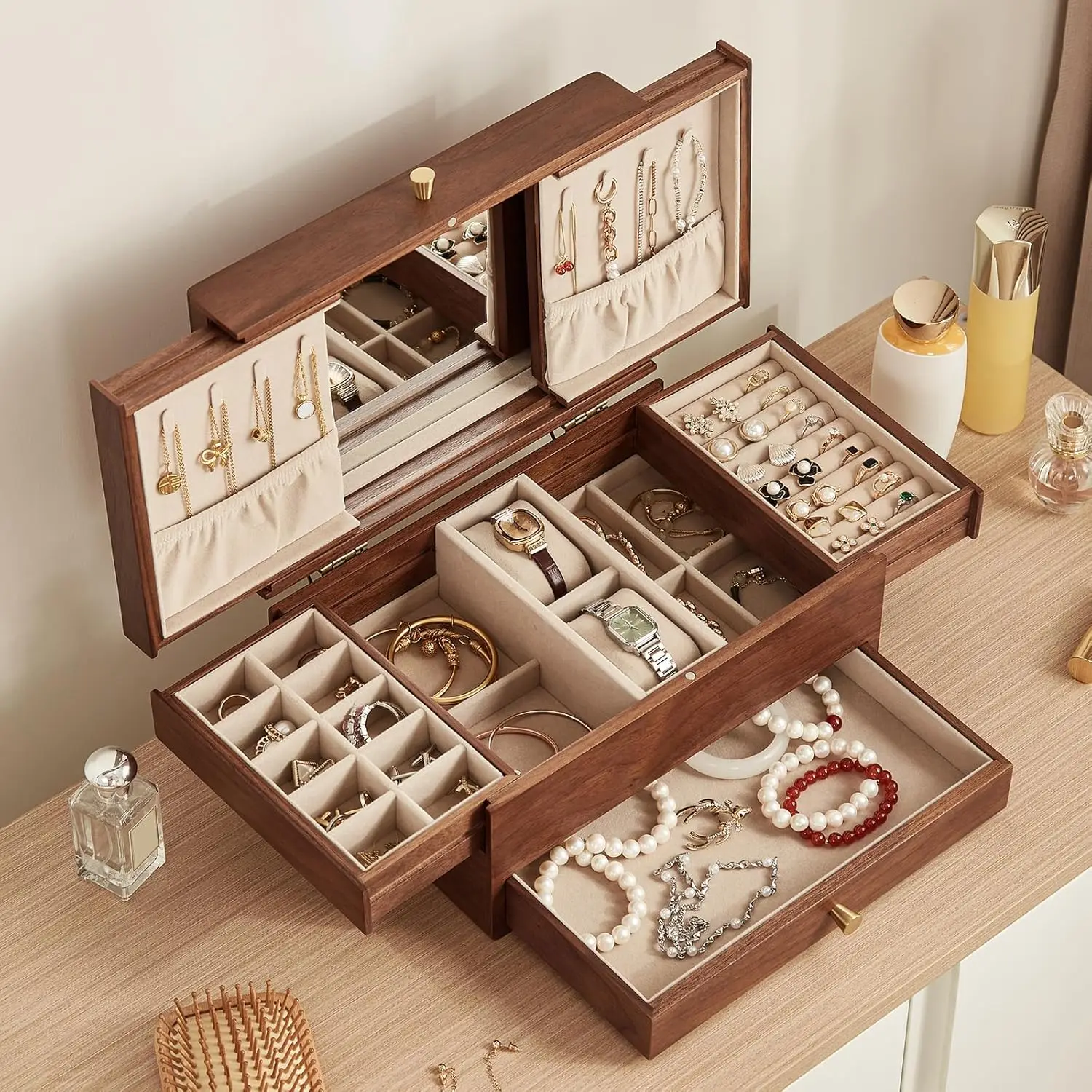 Wooden Jewelry Box for Women with 3 Drawers, Mirror - Organize Watches, Necklaces, Rings, Earrings
