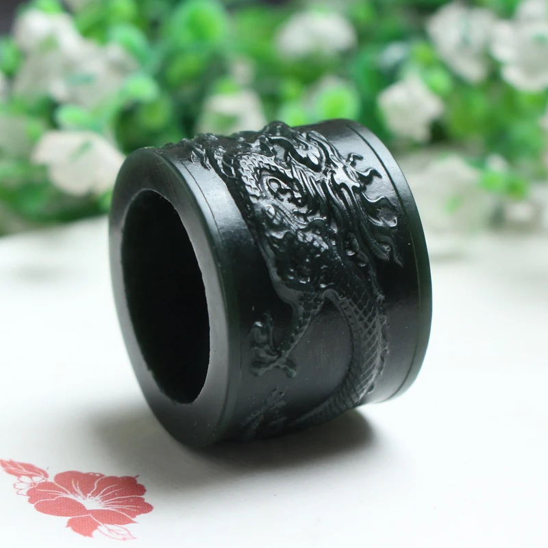 Natural hetian cyan jade ring, handmade dragon sculpture simple jade ring, men party wedding jewelry gift rings for men