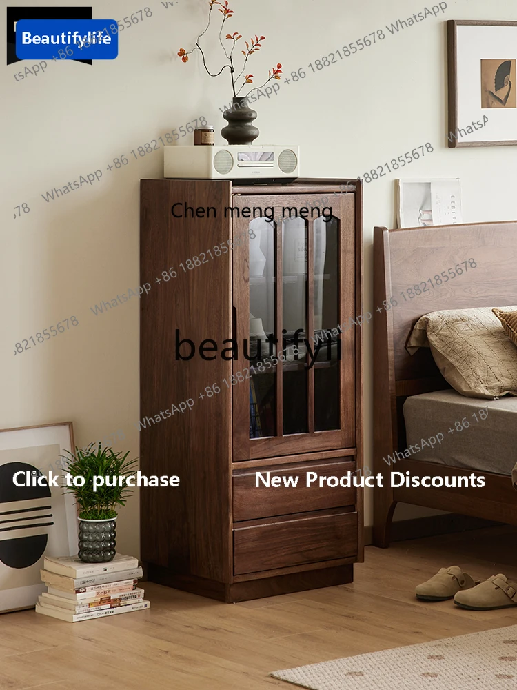 

178CC North American black walnut wine cabinet Nordic all solid wood vertical cabinet living room storage display cabinet