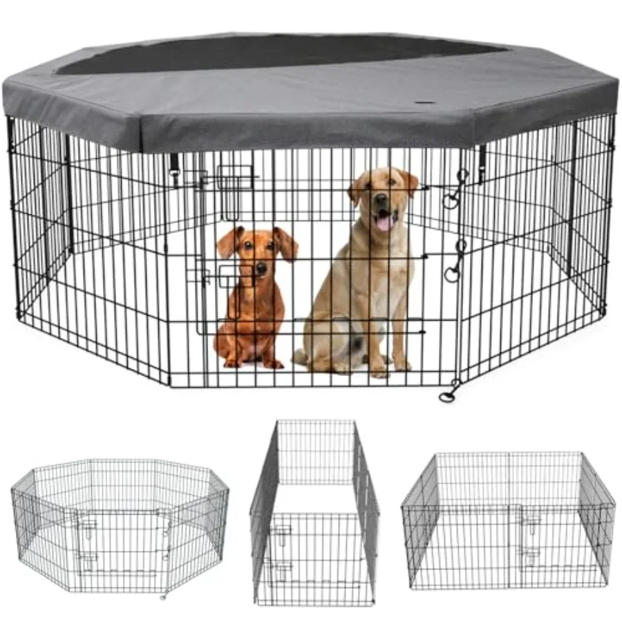 

Foldable Metal Dog Exercise Pen 8 Panel 24 W x 30 H Indoor Outdoor Pet Puppy Playpen Kennel with Top Cover in Gray for Easy Set