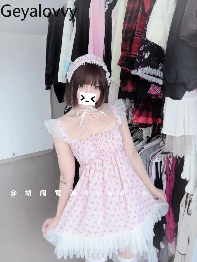 

Japanese Original Design Sweet and Cute Girls Printed Suspender Dress Summer New Neck High Waist Slim Sleeveless Lace Dresses
