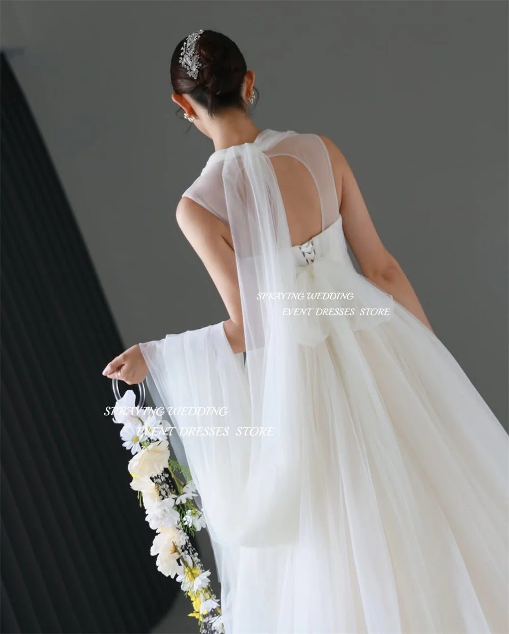 SPRAYING Elfenbeinfarbenes Tüll-A-Linien-langes Hochzeitskleid, Korea, Fotoshooting, O-Ausschnitt, ärmellose Brautkleider, Korsett, maßgeschneidert,  soi