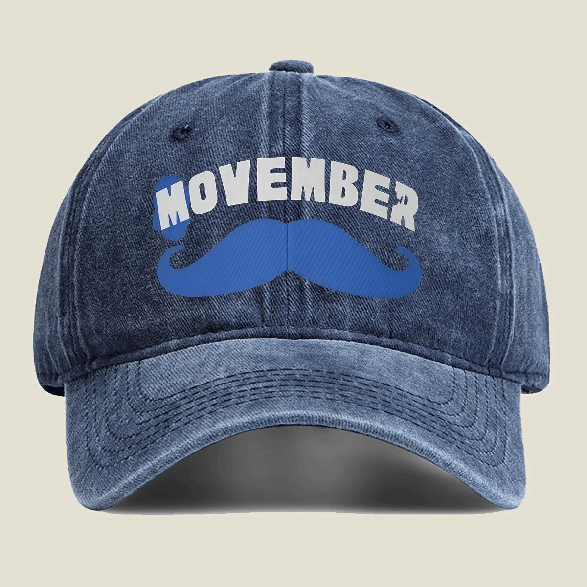 Movember Mustache Print Unisex Baseball Cap 100% Cotton Washed Denim Casual Sun Protection Headwear