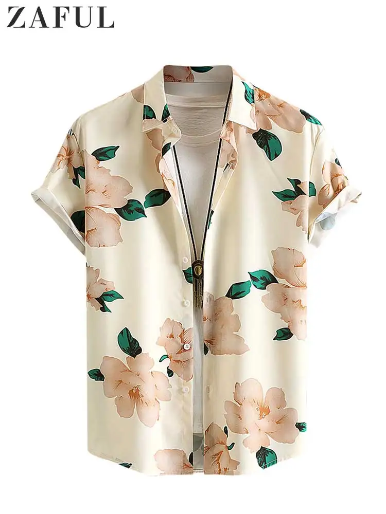 ZAFUL Shirt for Men Satin Floral Pattern Short Sleeves Blouses Stand Collar Silky Shirts for Vacation Daily Streetwear Tops