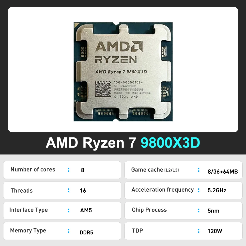 معالج AMD R7 9800X3D 8-Core 16-Thread الجديد لوحدة المعالجة المركزية للألعاب AM5 5.2 جيجا هرتز Ryzen ™   7 9800X3D L3=96M TDP 120W ولكن بدون مبرد