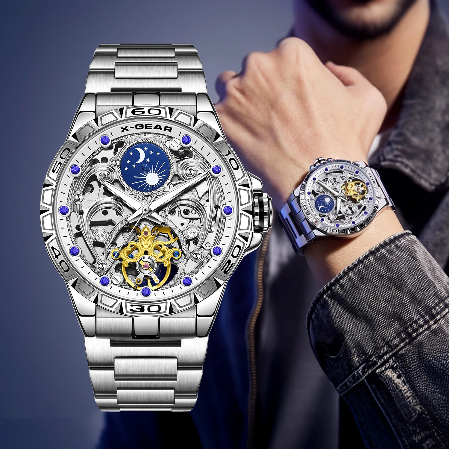 ساعة X-GEAR ميكانيكية أوتوماتيكية للرجال مع حزام ستانلس ستيل مضيء ومقاوم للماء