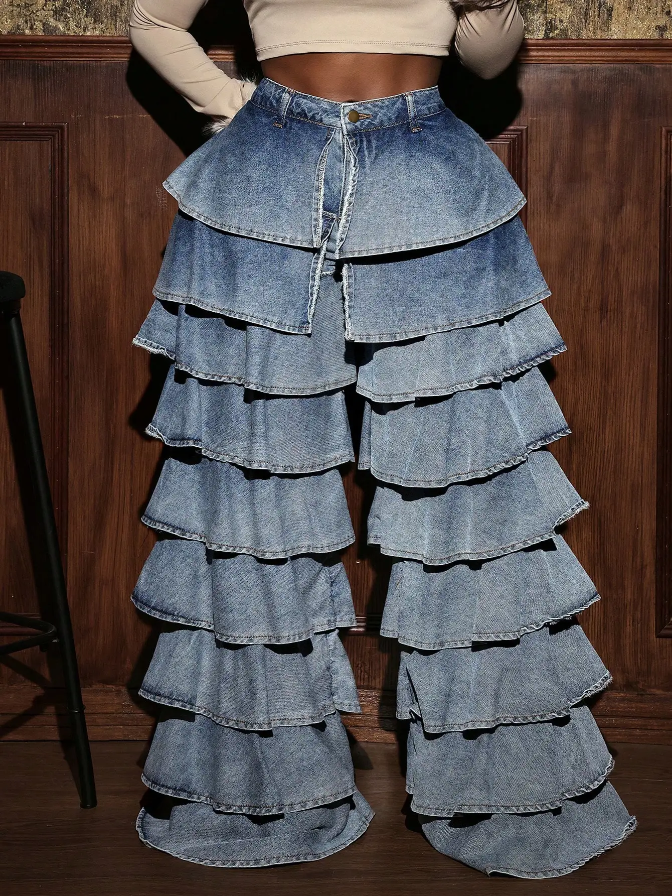 

Женские джинсовые брюки больших размеров с рюшами и многослойными оборками, широкие штанины, повседневный уличный стиль