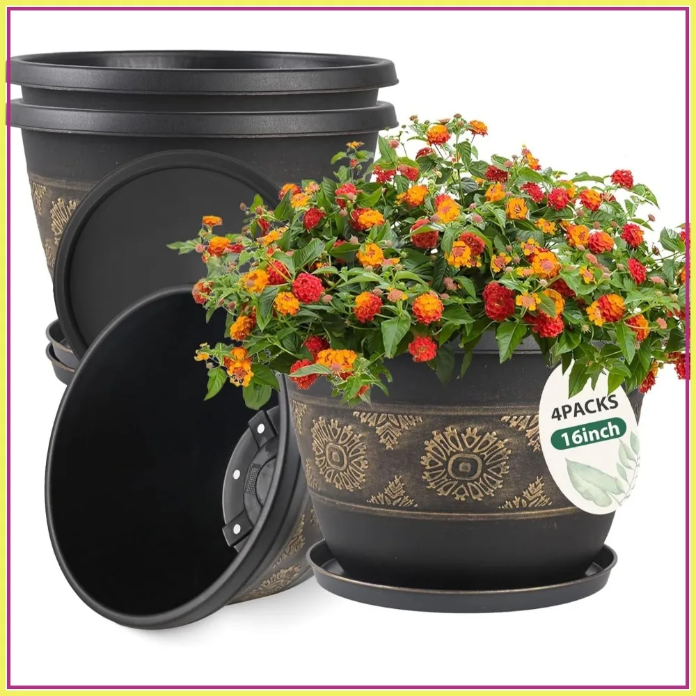 

4 Pack 16 Inch Plant Pots with Drainage Holes and Saucers, Retro Pattern Plastic Flower Planters for Indoor Outdoor Garden