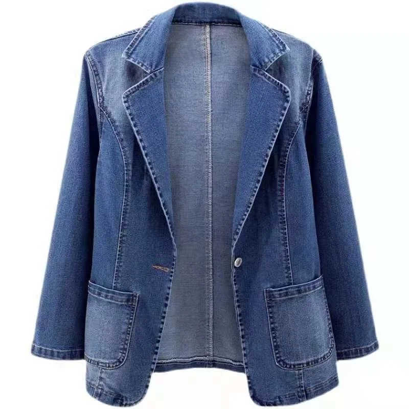 

Ladies New Spring Denim Suit Jacket Femme Long-sleeve One Button Vintage Jeans Blazer Women 3XL Outerwear Thin Fashion pocket