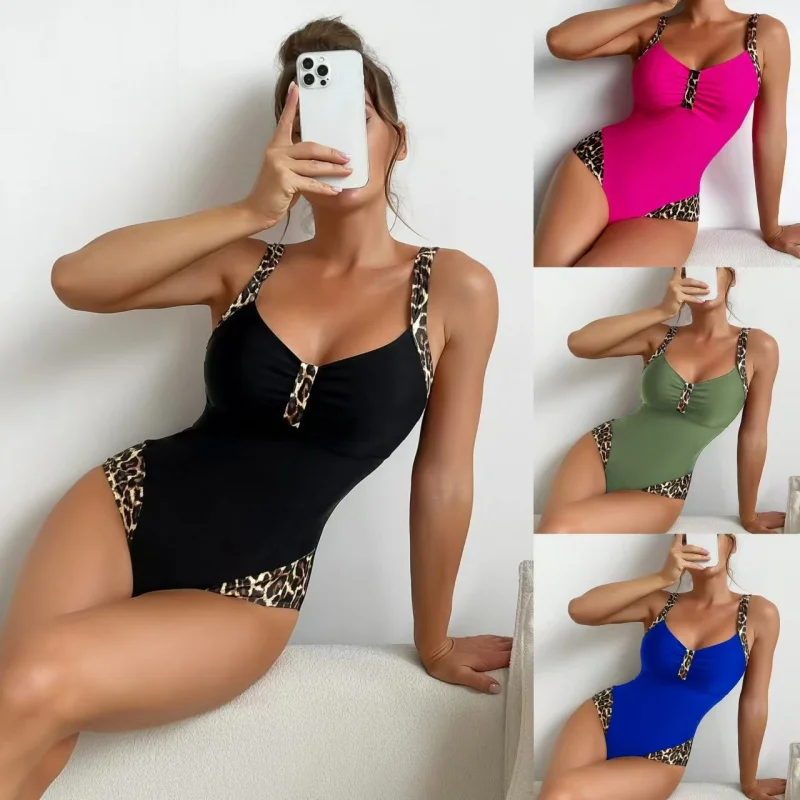 Bikini Swimsuit Women Leopard Print Contrast Splicing One Piece Swimsuit Push Up Summer Beach Vacation Bathing Suit