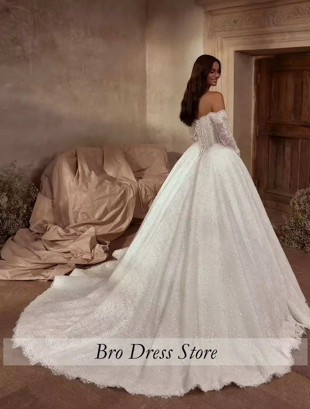 Customized Luxury Shiny Wedding Dresses Sweetheart Women's A Line Bridal Gowns Sequined Off Shoulder Ruffles Vestidos De Novia