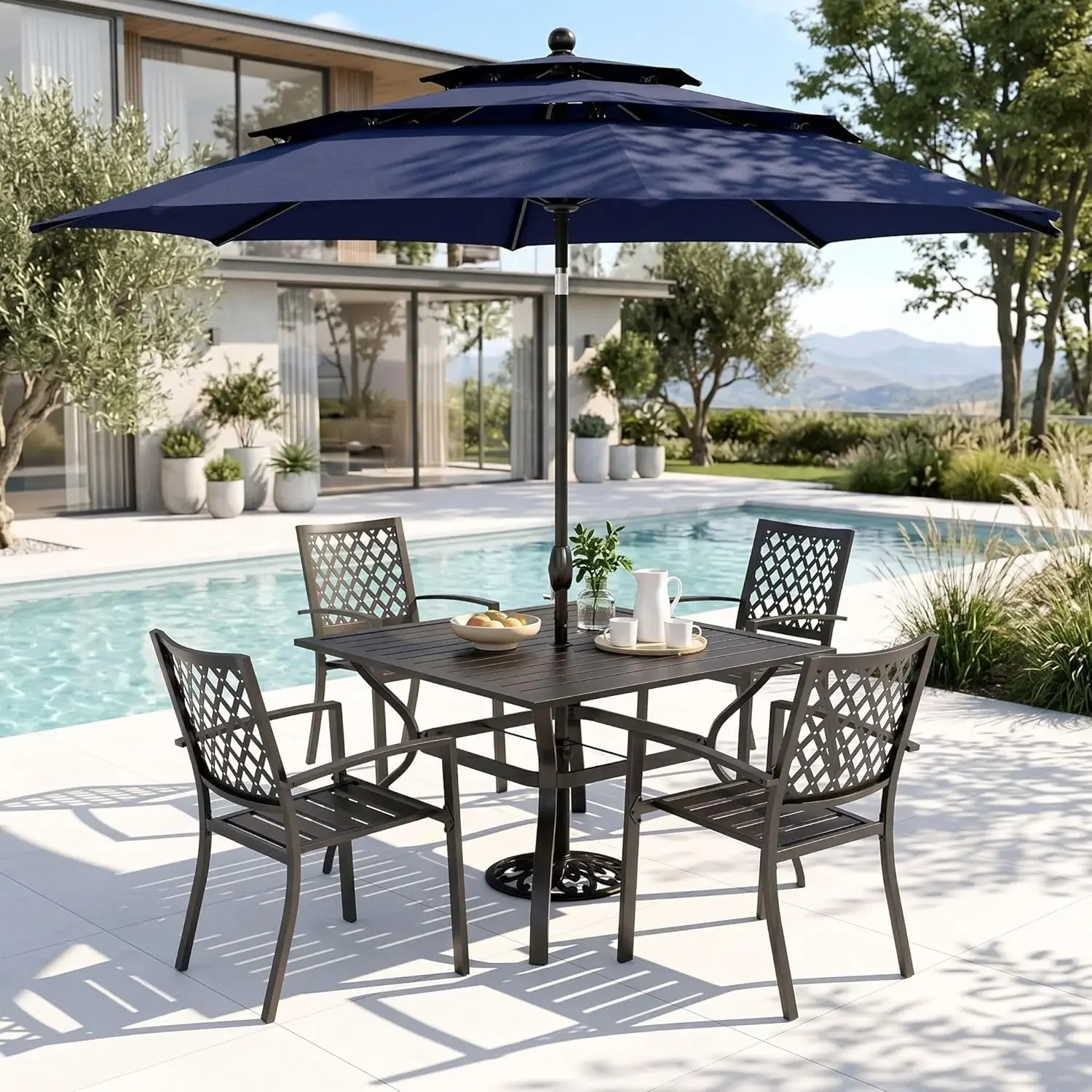 

Patio Dining Set 6 Piece with 4 Metal Outdoor Stackable Chairs, 1 Square Metal Table and 10ft 3 Tier Umbrella(Navy, Custom