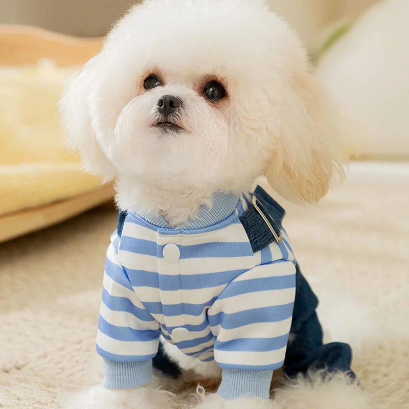 Pet Cute Printed Denim Bib Pants Teddy Winter Clothes Bichon  Striped Four Legs Clothes Puppy Warm Clothes Wholesale