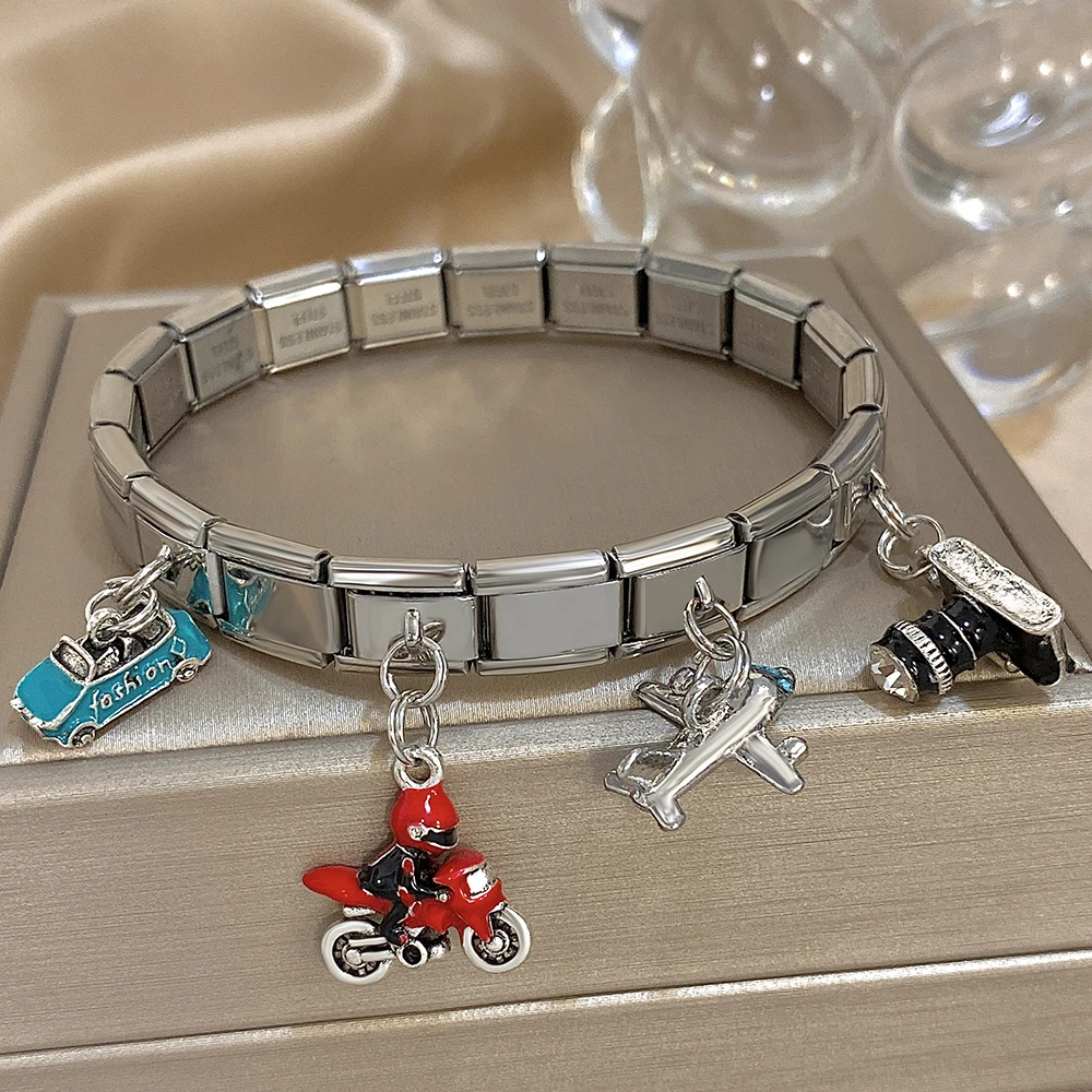 

DODOHAO Camera Motorcycle Plane Watch Band Bracelets Elastic Bracelets Silver Color Stretch Bangles Stainess Steel Jewelry