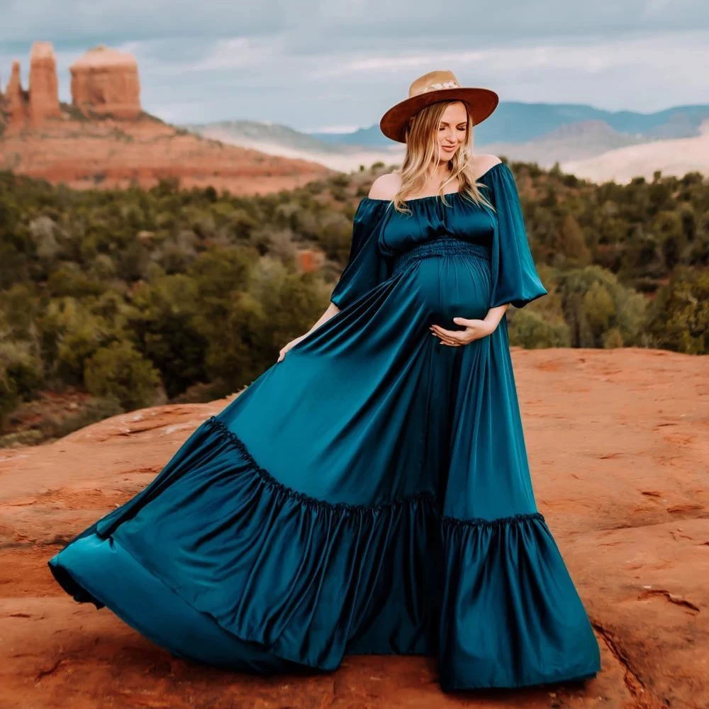 Bohemian Maternity Photography Dresses Vintage Satin Soft Women\'s Boho Dress For Baby Showers Pregnancy Gowns Photoshoot Clothes