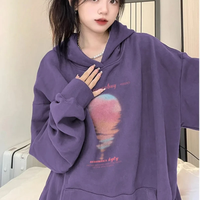 

American Retro Hooded Sweatshirt Women's Coat with Fleece Autumn Oversized Loose and Lazy Style Sweet and Gentle Top