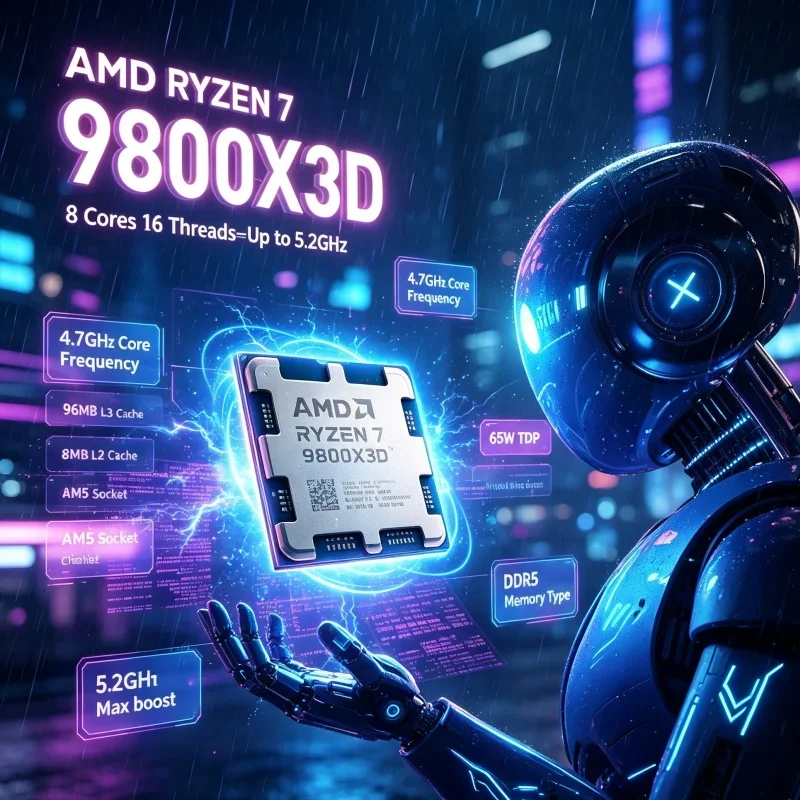 AMD Ryzen 7 9800X3D AM5 Gaming PC Build Processor 96MB L3 Cache 8-Core 16-Thread 5.2GHz Boost DDR5 4nm 120W Desktop CPU