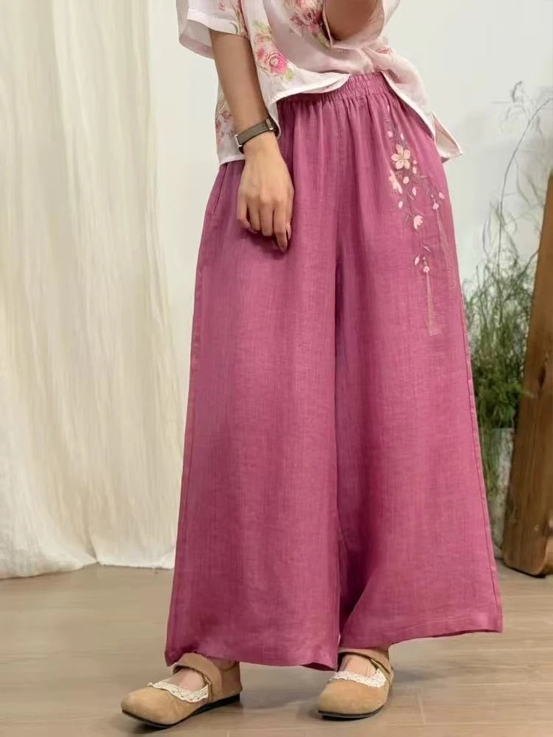 

Retro Embroidered Wide Leg Pants Women's Loose Slimming Elastic Waist Casual Straight Cotton Linen Nine Point Pants