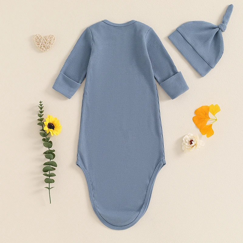 Baby Sleeping Bag Sack Letter Embroidered Waffle Round Neck Long Sleeve Pullover Hat Outfit