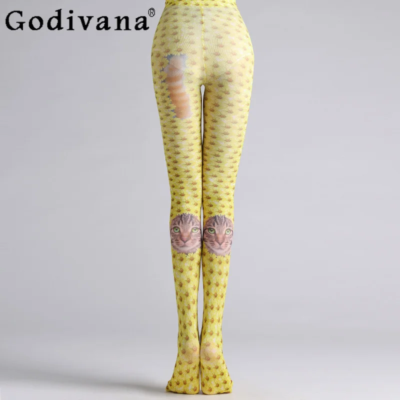 American 2024 New JK Fashion Hot Girl Cat Print Tight Pantyhose Women Slim Fit Elegant All- Match Sexy Stockings Y2k Leggings