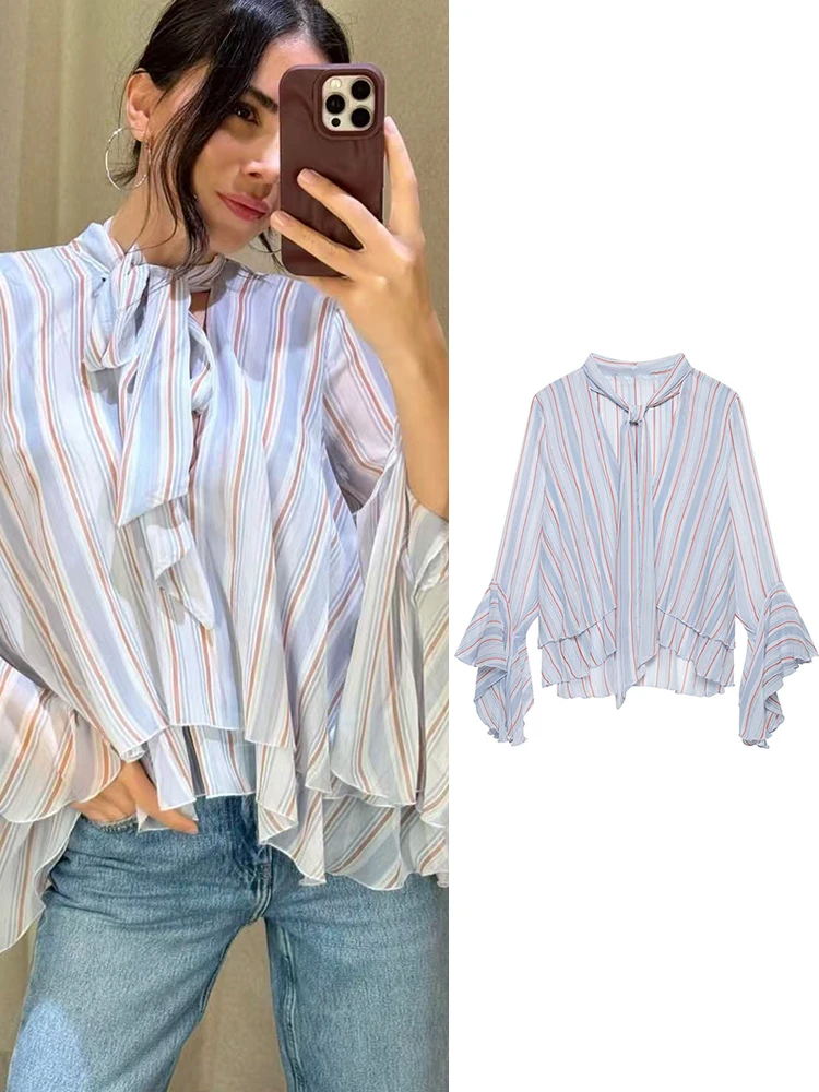 Neue Damen-Pullover-Shirts Elegante Blusen mit Schmetterlingsärmeln Gestreifte Loose-Fit Durchsichtige Urlaubskleidung 2026 Sommer Casual Top