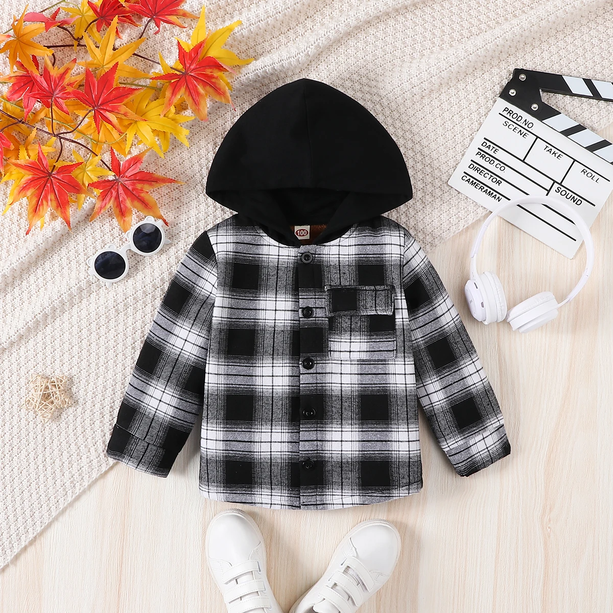 

JOPGEEY Boys' Thickened Hooded Long-Sleeved Jacket Black White Checkered Casual Fashionable Composite Long-Pile Fabric