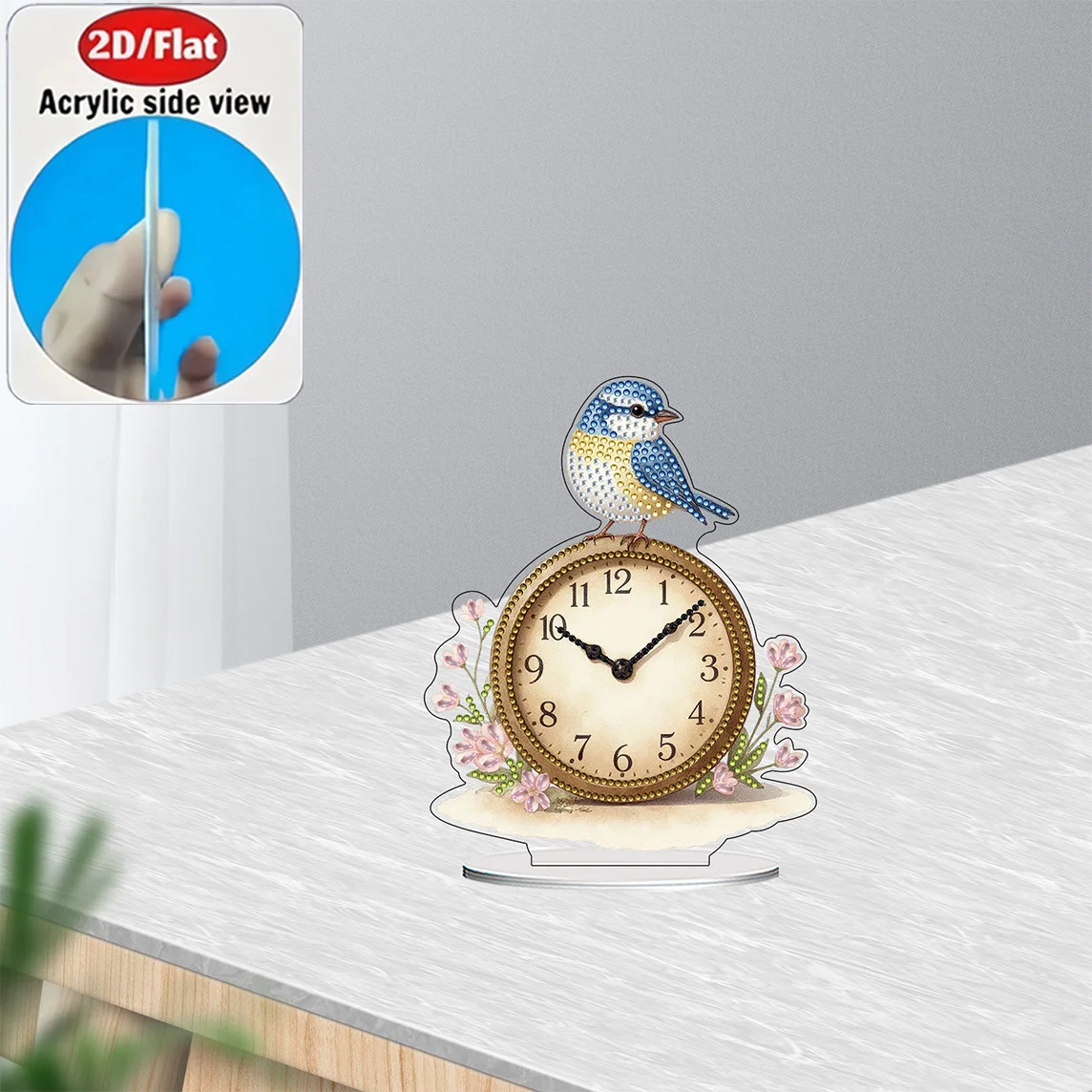 2D Flat 1pc Bird and Flower Clock Acrylic Welcome Plaque Diamond Painting Desktop Ornament Set, Shiny Wall Decor, Holiday Gift - view 4