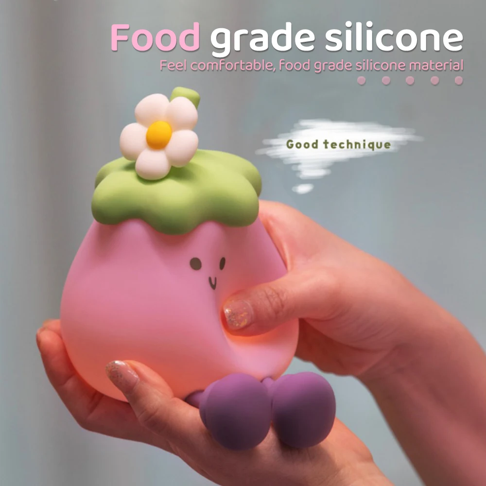 E2 Cute Eggplant Sillicone Sleep Night Light USB LED Squishy Novelty Light Dimmable Nursery Lamp for Home Room Table Decoration