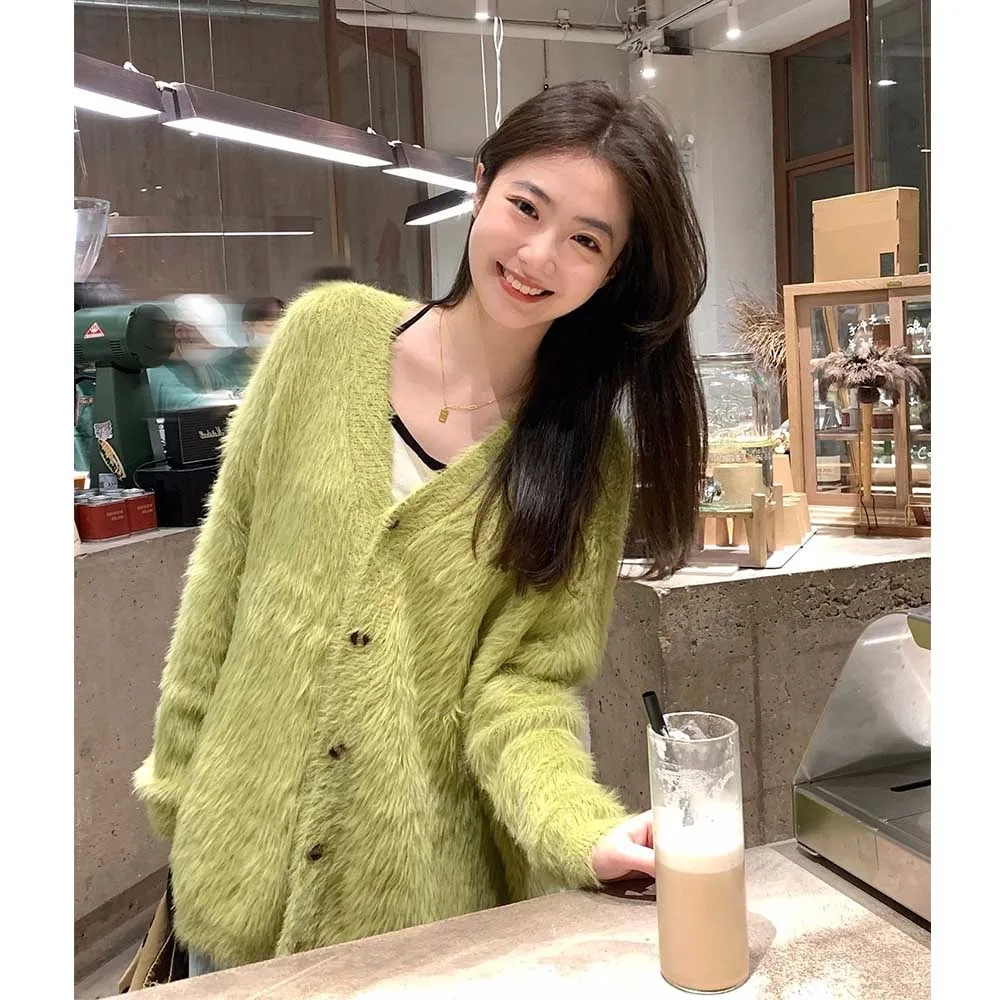 New Fashion Women Autumn Winter Knitting Mink Cashmere Warm Soft Green Cardigan Sweater Casual Loose Chic Sweaters