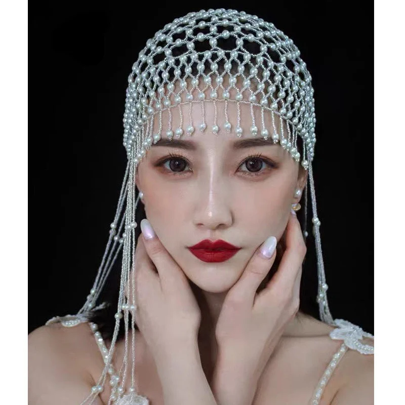 Features vintage pure hand-beaded style hollowed-out pearl fringe hats for bridal weddings and stage performance headwear