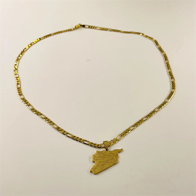 Golden Syrian map engraved city pendant necklace, stainless steel Figaro chain, ethnic commemorative men's and women's collarbon