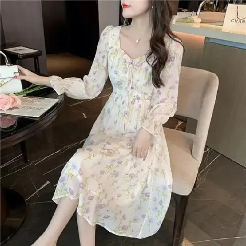 Midi Dresses for Women Chiffon Splicing Fashion Summer 2025 Woman Long Sleeve Dress Aesthetic Korean High Quality Luxury Loose X