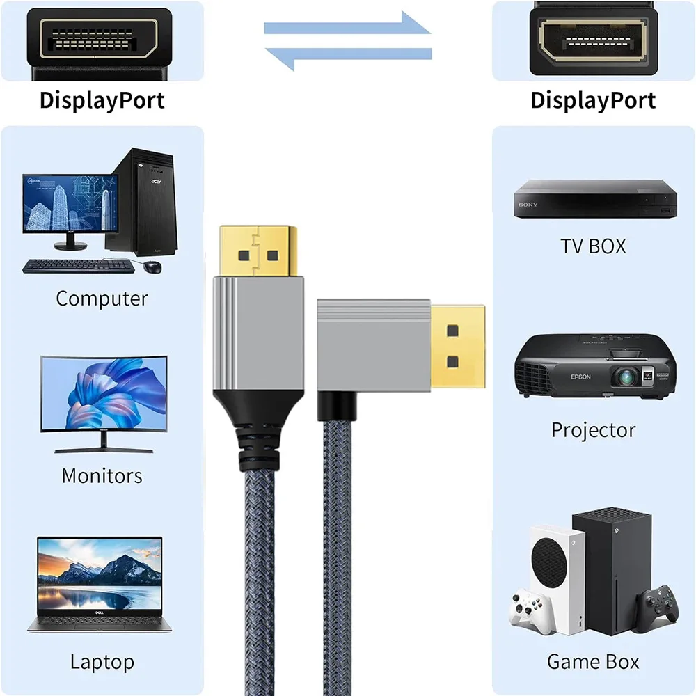 1M Up/Down/Left/Right Angle DisplayPort 90 Degree DP 1.2 Cable 4K60Hz 2K144Hz Video Audio Cord for Laptop PC Xbox Series Monitor