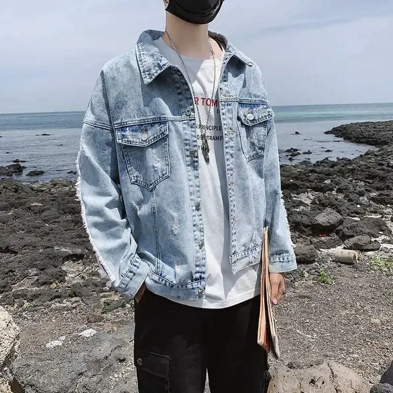

Male Jean Coats Korean Popular Clothes Men's Denim Jacket Loose Button Low Price Fast Delvery High Quality New In Aesthetic Worn