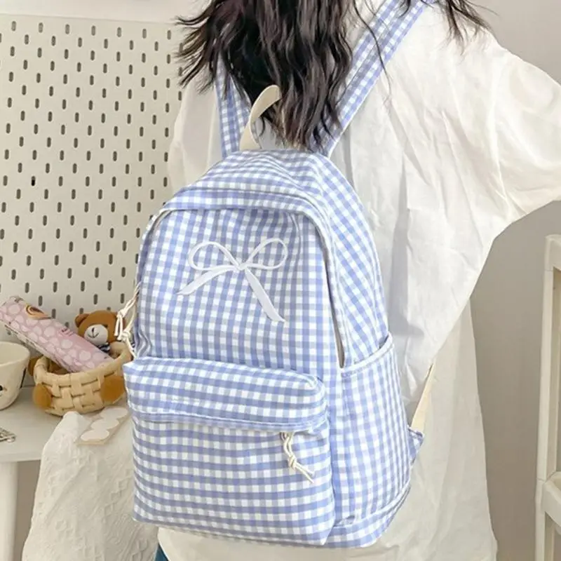 

X90D Women Girl Large Capacity Backpack Bowknot Checkered School Bag Book Bag