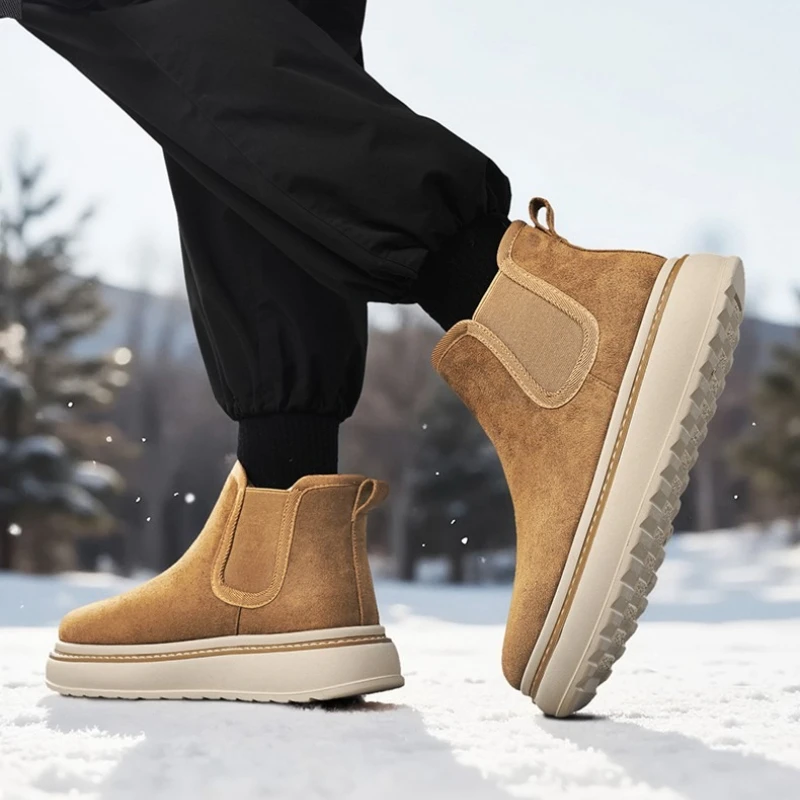 

Fleece Warm Chelsea Reverse-fleece Hook-on Flat Solid Color Retro Men's Large-sized Round-toe High-top Fashionable Casual Shoes