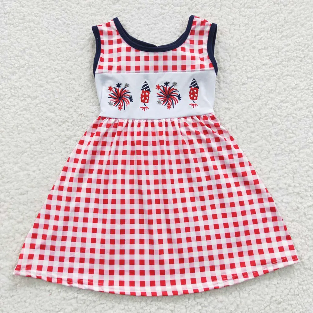Kid July 4th Summer Flag Embroidery Set Children Matching Baby Boy Girl Plaid Dress Cotton Short Sleeves  Toddler Outfit