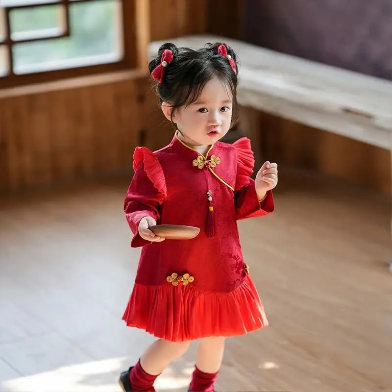 

Baby Girl Princess Dress Spring and Autumn Chinese Style Tang Dress Red Baby Cheongsam New Chinese Style Summer