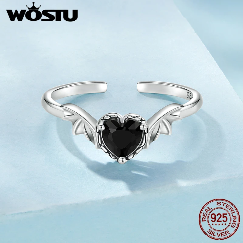 WOSTU Original 925 Sterling Silver Black Zircon Wings Ring Open Ring Vintage Ring For Women Fine Jewelry Party Gift FIR1105-E - Image 2