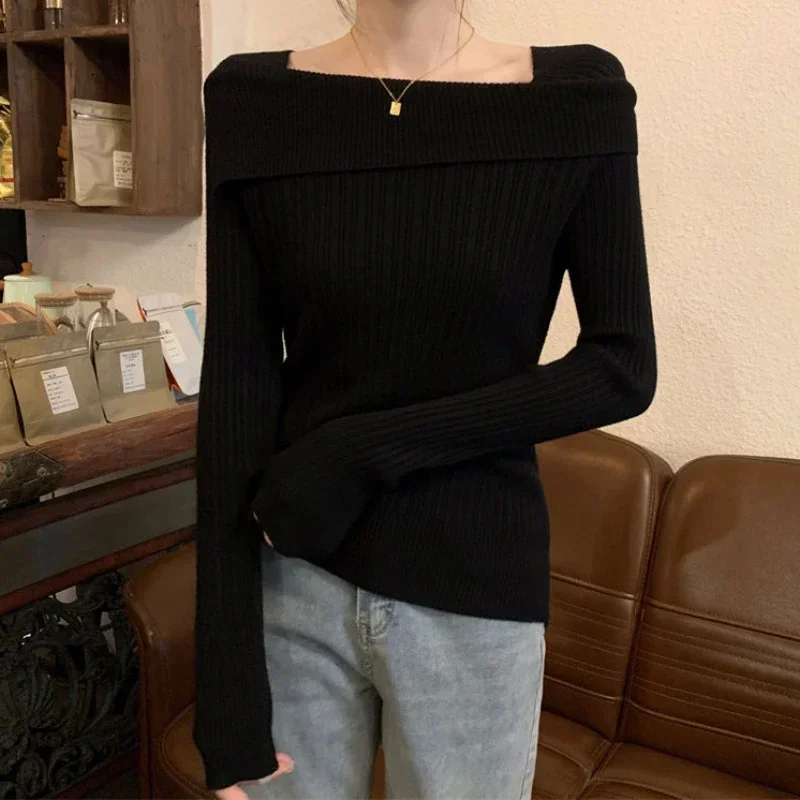 Slim Korean Style Off Shoulder Knitted Sweater Women 2024 Chic Long Sleeve Pullover Fashion Slash Neck Basic Jumper Tops Female