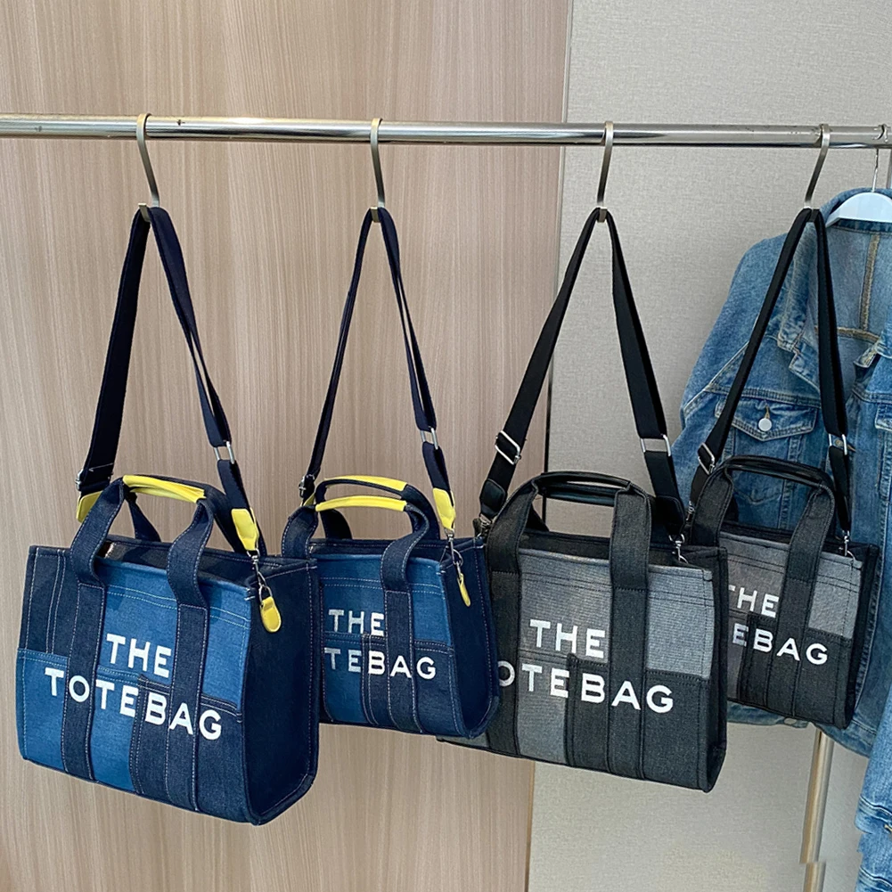 Vintage Top-handle Bag Women Girls Denim Splicing Shoulder Totes Aesthetic Washable Elegant with Zipper for Office Travel School