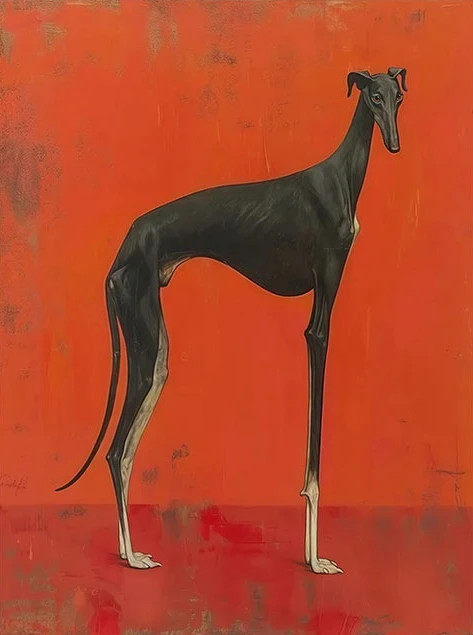 Frameless Vintage Greyhound Dog Canvas Wall Art, Bold Black and Red Animal Print for Living Room Decor