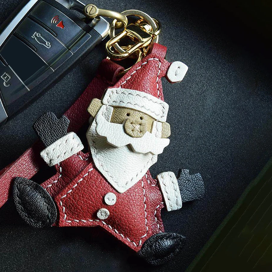 Handmade Cow Leather Santa Claus Bag Charm Keychain Key Ring Christmas Gifts Cute Keychain Christmas Trees