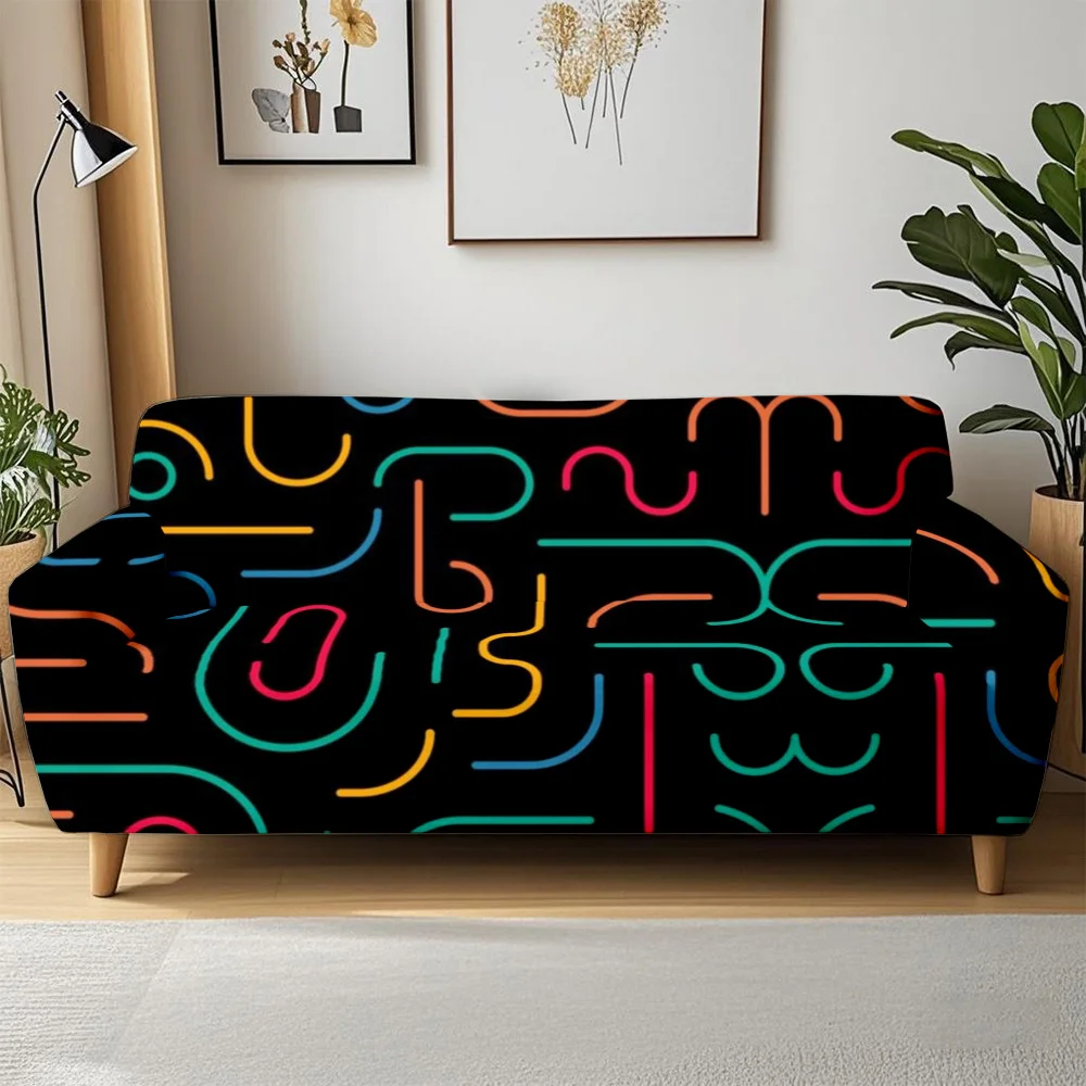 1 Stück Lebendiger Neon-Abstrakt-Linien-Druck Stretch-Sofabezug, Bunter Geometrischer Couchüberwurf für Moderne Wohnraumdekoration