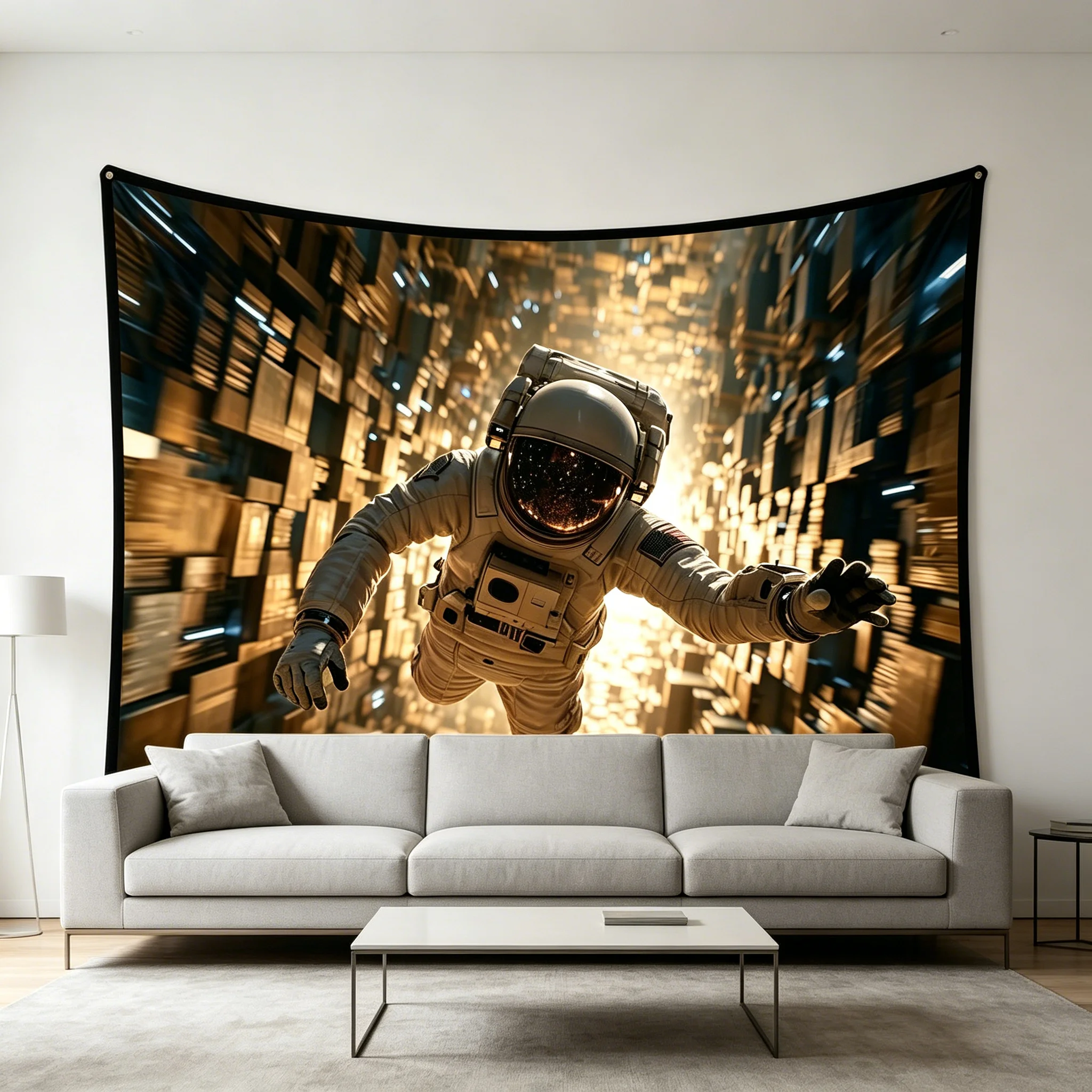 Astronaut Space Tapestry Golden City Tunnel Wall Hanging Sci-Fi Aesthetic Wall Art for Bedroom Living Room Decor