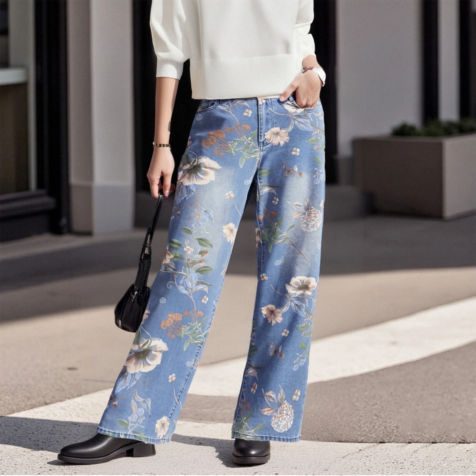 

Женские джинсовые брюки с цветочным принтом, легкие свободные широкие джинсовые брюки со средней талией