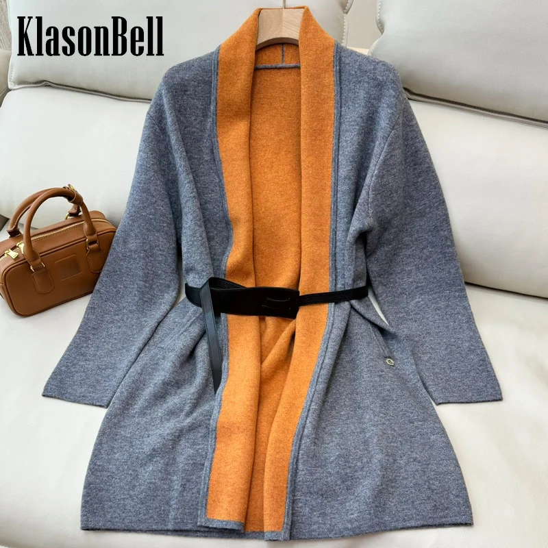 9.4 KlasonBell Women Classic Double-Suede Patchwork Color Lapel Collar Wool Knit Cardigan With Leather Belt Long Sleeve Coat