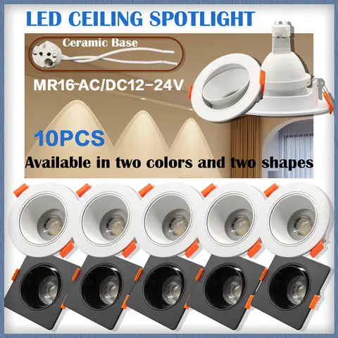 10PCS LED Low Voltage Ceiling Spotlight AC DC 12V Square Round Light Kit 8W MR16 Adjustable White Black Gu5.3 Lamp Holder